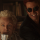 In a promo photo for Good Omens season two, Michael Sheen holds a tea cup as the angel Aziraphale and David Tennant wears dark sunglasses as the demon Crowley